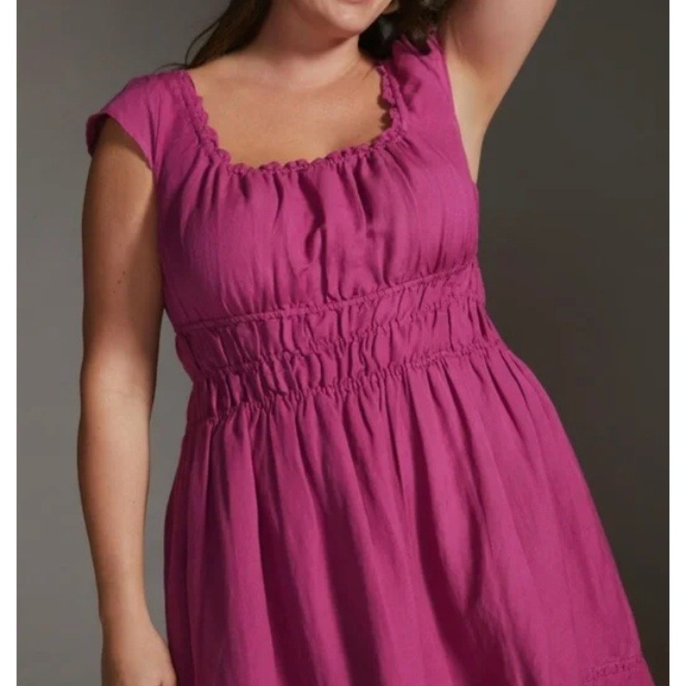 Anthropologie‎ Ariana Womens Dress Magenta Smocked Square Neck Tie Back Mini - Picture 3 of 6